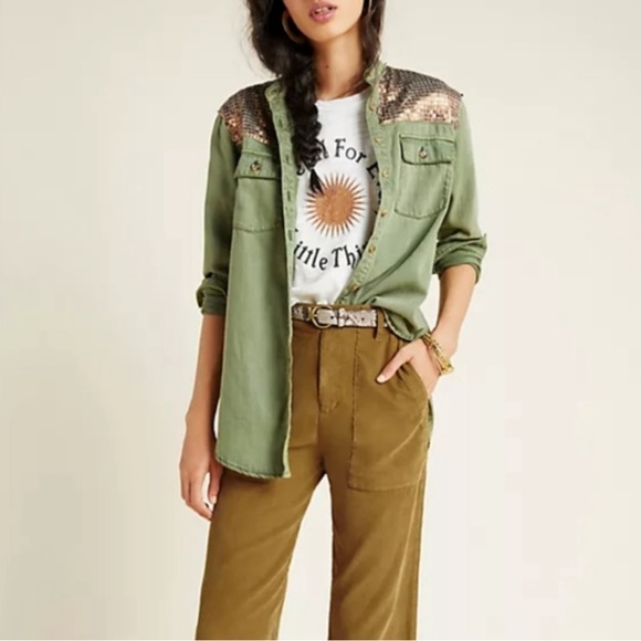 Anthropologie sequin button down olive green women’s size 0 - Picture 1 of 8